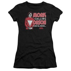Mork & Mindy - Mork Calling Orson Juniors T-Shirt In Black