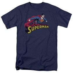 Superman - Flying Over Logo Distressed Adult T-Shirt In Navy