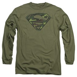 Superman - Mens Distressed Camo Shield Long Sleeve Shirt In Military Green