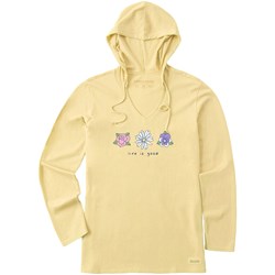 Life Is Good - Womens 3 Quirky Flowers Rose Daisy Pansy Long Sleeve Crusher-Lite Hooded T-Shirt