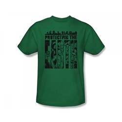 The Justice League Protecting The Earth Adult S/S T-shirt in Kelly Green by DC Comics