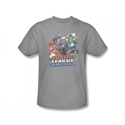 Justice League - Four Against Crime Slim Fit Adult T-Shirt In Silver