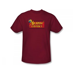 Superman - Action Comics Logo Slim Fit Adult T-Shirt In Cardinal