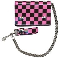 Black and Pink Checkerd Trifold Wallet w/ chain