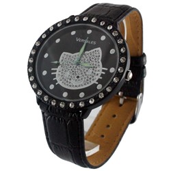 Versales Black Leather Band / Black Face Kitty Watch