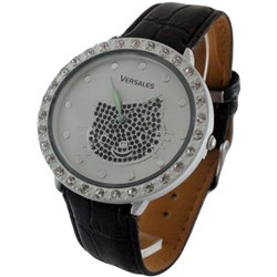Versales Black Leather Band / Silver Face Kitty Watch