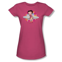 Betty Boop - Surf - Juniors Hot Pink Sheer Cap Sleeve T-Shirt For Women