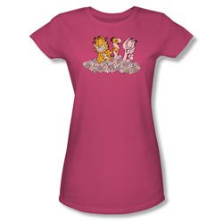 Garfield - Chicks Dig Flowers - Jrs.Hot Pink Shr.Cap Slv.T For Women
