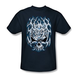 Flaming Chrome Skull - Adult Navy S/S T-Shirt For Men