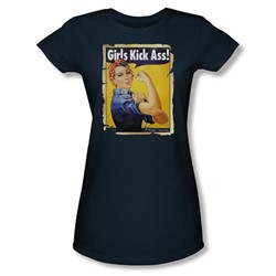 Girls Kick Ass - Juniors Navy Sheer Cap Sleeve T-Shirt For Women