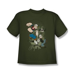 Popeye - Three Part Punch - Big Boys Military Green S/S T-Shirt For Boys