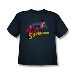 Superman - Flying Over Logo Distressed - Big Boys Navy S/S T-Shirt For Boys
