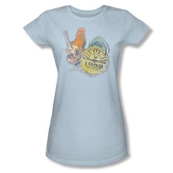 Sun - Rockin Rooster - Juniors Light Blue Sheer Cap Slv T-Shirt For Women