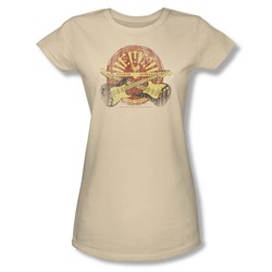 Sun - Crossed Guitars - Juniors Ivory Sheer Cap Slv T-Shirt For Women