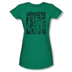 The Justice League Protecting The Earth Juniors S/S T-shirt in Kelly Green by DC Comics