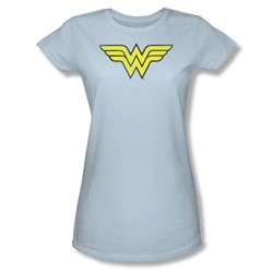 Wonder Woman Ww Logo Distressed Juniors S/S T-shirt in Light Blue by DC Comics
