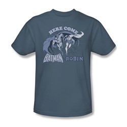Batman Here Come Batman And Robin Adult S/S T-shirt in Slate by DC Comics
