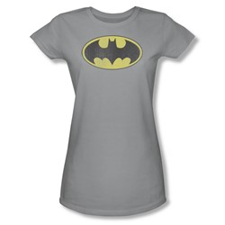 Batman Retro Bat Logo Distressed Juniors S/S T-shirt in Silver by DC Comics