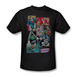 The Justice League Boxes Adult S/S T-shirt in Black by DC Comics