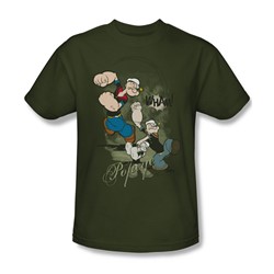 Popeye - Three Part Punch Adult T-Shirt In Military Green