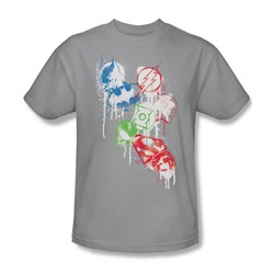 Justice League - Splatter Icons Adult T-Shirt In Silver