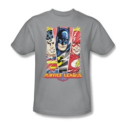 Justice League - Hero Triptych Adult T-Shirt In Silver