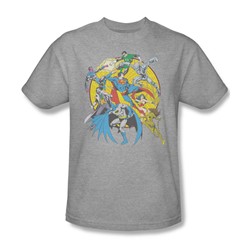 Justice League - Spin Circle Fight Adult T-Shirt In Silver