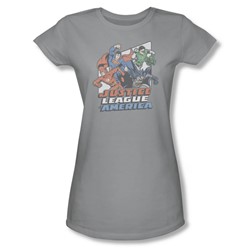 Justice League - Four Against Crime Juniors T-Shirt In Silver