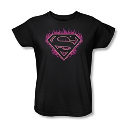 Superman - Fuchsia Flames Womens T-Shirt In Black