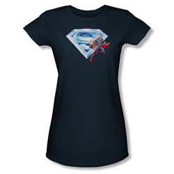 Superman - Superman & Crystal Logo Juniors T-Shirt In Navy