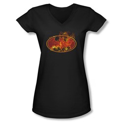 Batman - Juniors Flames Logo V-Neck T-Shirt