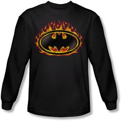 Batman - Mens Bat Flames Shield Long Sleeve Shirt In Black