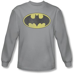 Dc Comics - Mens Retro Bat Logo Distressed Long Sleeve Shirt In Silver