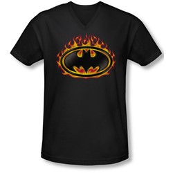 Batman - Mens Bat Flames Shield V-Neck T-Shirt