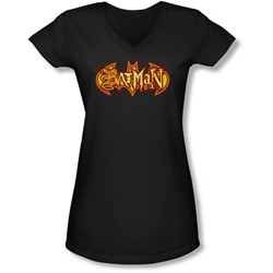 Batman - Juniors Fiery Shield V-Neck T-Shirt
