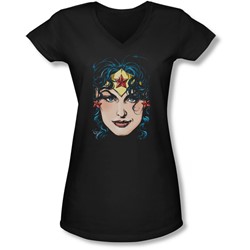 Dco Jla - Juniors Wonder Woman Head V-Neck T-Shirt