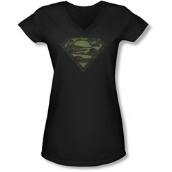 Superman - Juniors Camo Logo Distressed V-Neck T-Shirt
