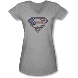 Superman - Juniors Wartorn Flag V-Neck T-Shirt