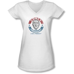Three Stooges - Juniors Curly For President V-Neck T-Shirt