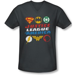 Justice League, The - Mens Pixel Logos V-Neck T-Shirt