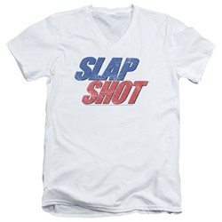 Slap Shot - Mens Blue & Red Logo V-Neck T-Shirt