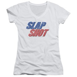 Slap Shot - Womens Blue & Red Logo V-Neck T-Shirt