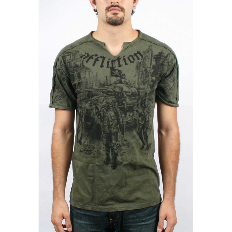 Affliction - Mens Ghost Army Slit Neck T-Shirt in Green Lava