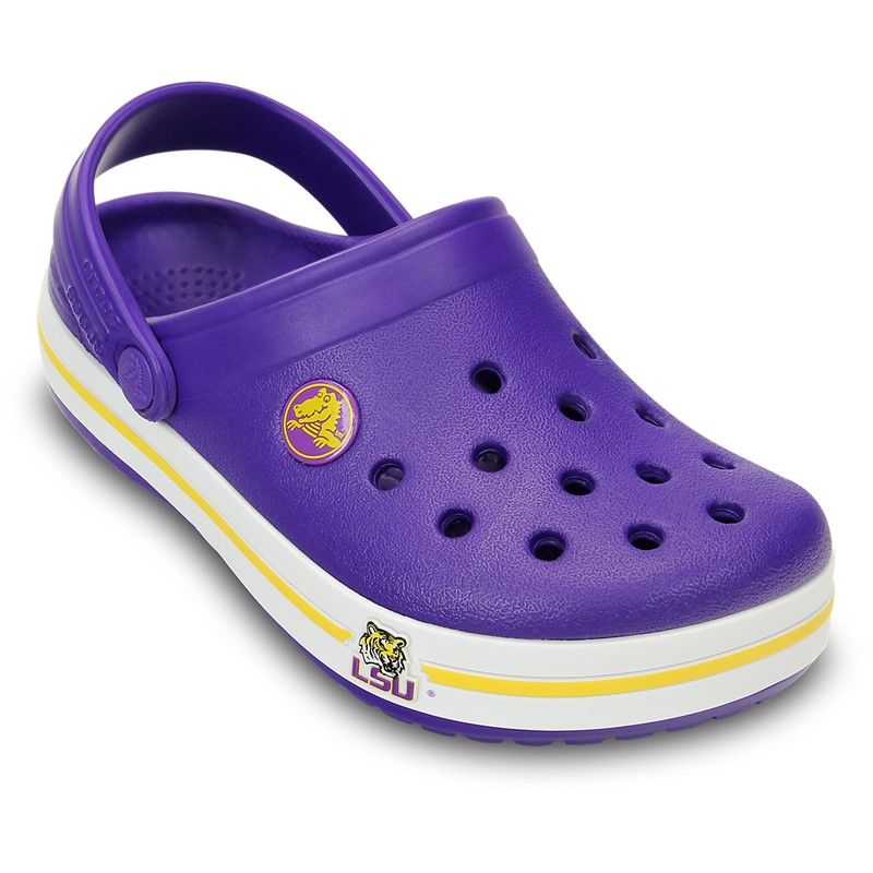 purple and yellow crocs